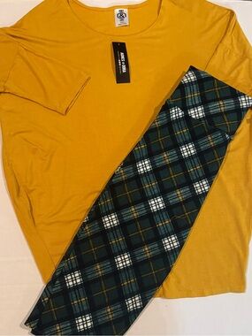 Agnes & Dora Mustard Dolman Tunic with Green & Navy Plaid Pencil Skirt Tartan